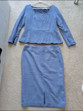 Classic Blue Tweed Pencil Skirt and Peplum Top - Women's Blue